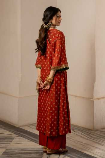 Shop_Nimbu Mirchi_Red Chanderi, Viscose, Silk V-neck Safina Embroidered Kurta Set _at_Aza_Fashions