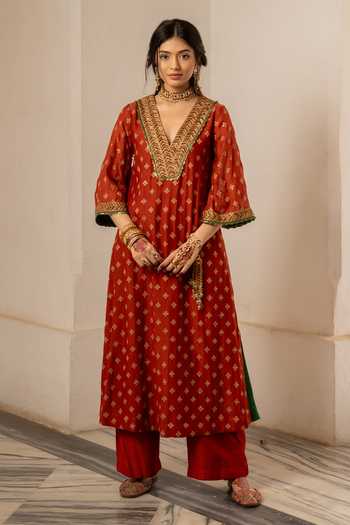 Shop_Nimbu Mirchi_Red Chanderi, Viscose, Silk V-neck Safina Embroidered Kurta Set _Online_at_Aza_Fashions