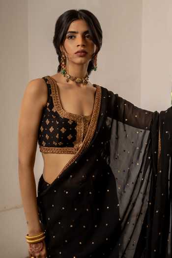 Nimbu Mirchi_Black Chanderi Round Neck Tasneem Embroidered Saree With Blouse _Online_at_Aza_Fashions