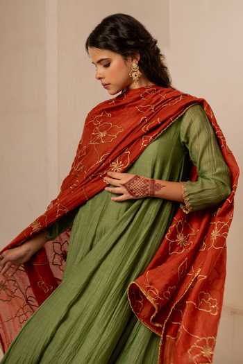Shop_Nimbu Mirchi_Olive Green Chanderi, Viscose, Silk V-neck, Yes Myra Pleated Kurta Set _Online_at_Aza_Fashions