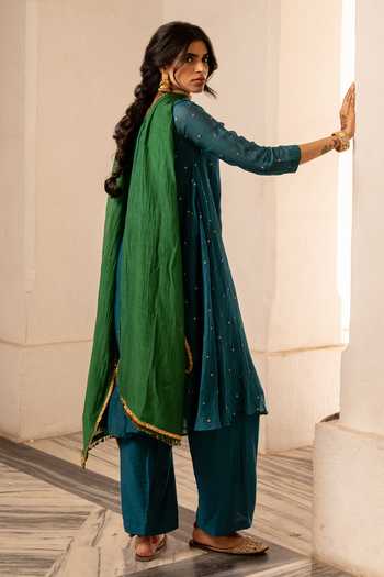 Shop_Nimbu Mirchi_Blue Chanderi, Silk, Viscose Round Neck, Yes Zoya Yoke Embroidered Kurta Set _at_Aza_Fashions