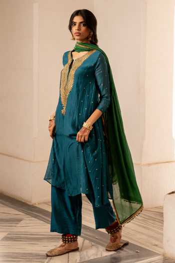 Shop_Nimbu Mirchi_Blue Chanderi, Silk, Viscose Round Neck, Yes Zoya Yoke Embroidered Kurta Set _Online_at_Aza_Fashions