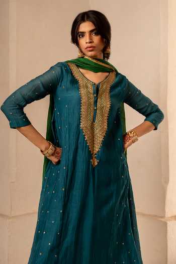 Shop_Nimbu Mirchi_Blue Chanderi, Silk, Viscose Round Neck, Yes Zoya Yoke Embroidered Kurta Set 