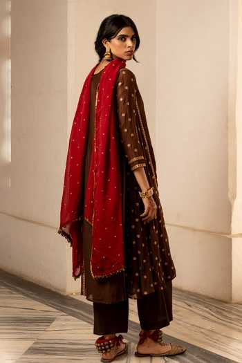 Shop_Nimbu Mirchi_Brown Chanderi, Silk, Viscose Round Neck, Yes Ruh Embroidered Kurta Set _at_Aza_Fashions