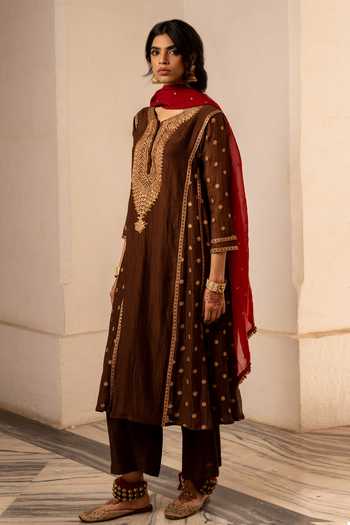 Nimbu Mirchi_Brown Chanderi, Silk, Viscose Round Neck, Yes Ruh Embroidered Kurta Set _Online_at_Aza_Fashions