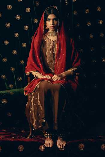 Shop_Nimbu Mirchi_Brown Chanderi, Silk, Viscose Round Neck, Yes Ruh Embroidered Kurta Set _Online_at_Aza_Fashions