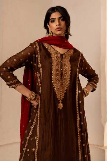 Nimbu Mirchi_Brown Chanderi, Silk, Viscose Round Neck, Yes Ruh Embroidered Kurta Set _at_Aza_Fashions