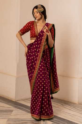 Buy_Nimbu Mirchi_Purple Chanderi V-neck Iman Geometric Embroidered Saree With Blouse _at_Aza_Fashions