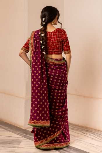 Shop_Nimbu Mirchi_Purple Chanderi V-neck Iman Geometric Embroidered Saree With Blouse _at_Aza_Fashions