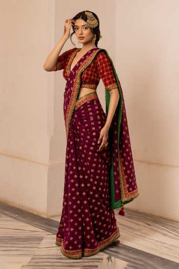 Nimbu Mirchi_Purple Chanderi V-neck Iman Geometric Embroidered Saree With Blouse _Online_at_Aza_Fashions