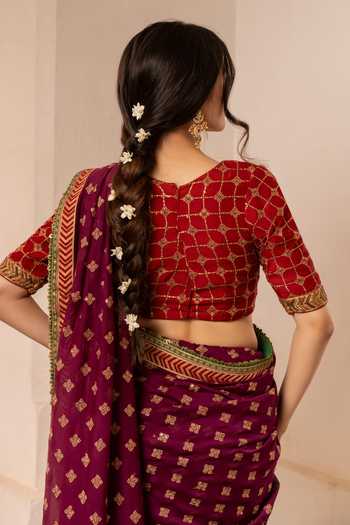 Shop_Nimbu Mirchi_Purple Chanderi V-neck Iman Geometric Embroidered Saree With Blouse _Online_at_Aza_Fashions