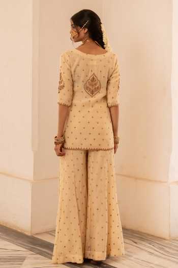 Shop_Nimbu Mirchi_Beige Chanderi Zari Round Neck Noor Embroidered Kurta Palazzo Set _at_Aza_Fashions