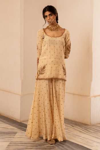 Nimbu Mirchi_Beige Chanderi Zari Round Neck Noor Embroidered Kurta Palazzo Set _Online_at_Aza_Fashions