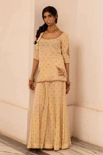 Buy_Nimbu Mirchi_Beige Chanderi Zari Round Neck Noor Embroidered Kurta Palazzo Set _Online_at_Aza_Fashions