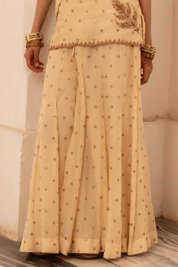 Shop_Nimbu Mirchi_Beige Chanderi Zari Round Neck Noor Embroidered Kurta Palazzo Set _Online_at_Aza_Fashions