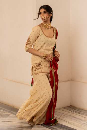 Nimbu Mirchi_Beige Chanderi Zari Round Neck Noor Embroidered Kurta Palazzo Set _at_Aza_Fashions