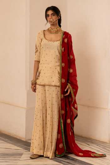 Buy_Nimbu Mirchi_Beige Chanderi Zari Round Neck Noor Embroidered Kurta Palazzo Set _at_Aza_Fashions
