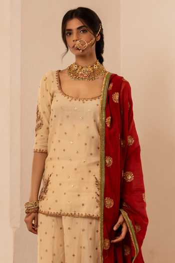 Buy_Nimbu Mirchi_Beige Chanderi Zari Round Neck Noor Embroidered Kurta Palazzo Set 