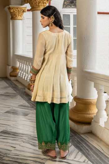 Shop_Nimbu Mirchi_Beige Chanderi, Viscose Split V-neck Laila Embroidered Short Kurta Set _at_Aza_Fashions
