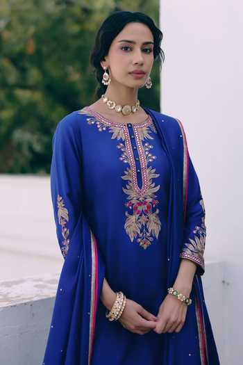 Shop_Pink City By Sarika_Blue Silk Round Neck Neel Mor Embroidered Kurta Set _Online_at_Aza_Fashions