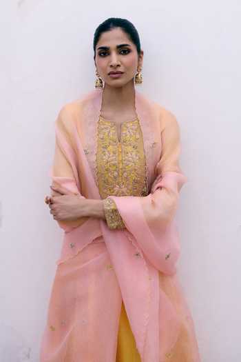 Pink City By Sarika_Yellow Silk, Chanderi, Organza Round Sunlit Heirloom Embroidered Anarkali Set _Online_at_Aza_Fashions