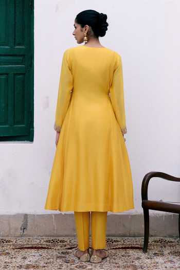 Shop_Pink City By Sarika_Yellow Silk, Chanderi, Organza Round Sunlit Heirloom Embroidered Anarkali Set _at_Aza_Fashions