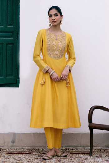Pink City By Sarika_Yellow Silk, Chanderi, Organza Round Sunlit Heirloom Embroidered Anarkali Set _at_Aza_Fashions