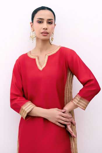 Shop_Pink City By Sarika_Red Silk Split V-neck, Yes Zari Embroidered Kurta Set _Online_at_Aza_Fashions