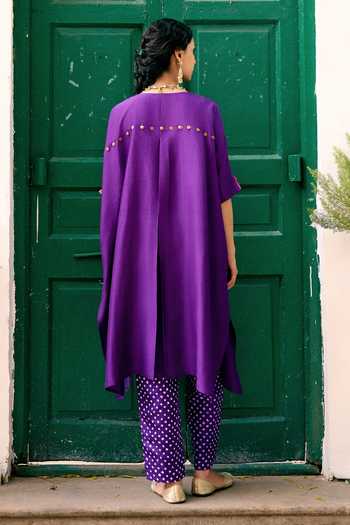 Shop_Pink City By Sarika_Purple Silk Round Neck Heritage Chic Embroidered Kaftan And Pant Set _at_Aza_Fashions