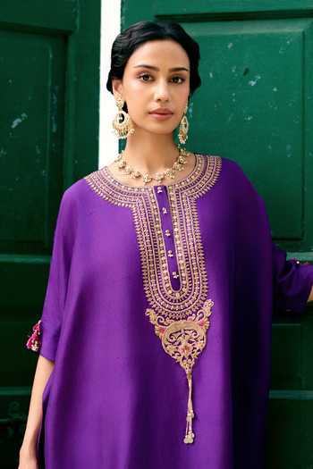 Buy_Pink City By Sarika_Purple Silk Round Neck Heritage Chic Embroidered Kaftan And Pant Set _Online_at_Aza_Fashions