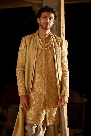 Buy_Seema Gujral_Gold Silk Slate Sherwani Set _Online_at_Aza_Fashions