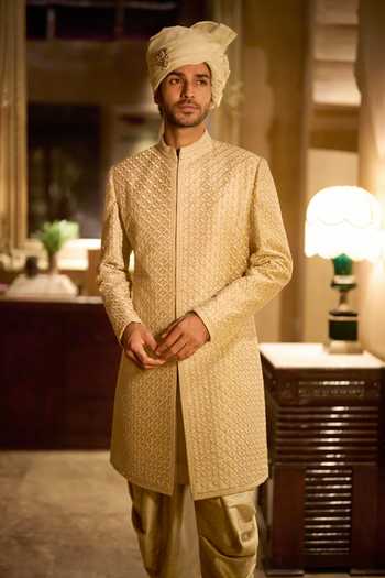 Shop_Seema Gujral_Gold Silk Raw Embroidered Sherwani Set _at_Aza_Fashions