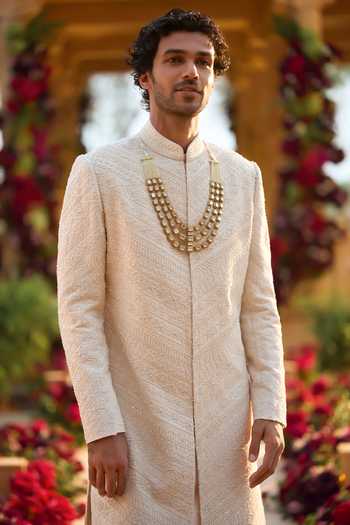 Buy_Seema Gujral_Cream Silk Pearl Embroidered Sherwani Set _Online_at_Aza_Fashions