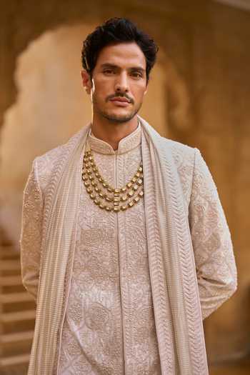 Buy_Seema Gujral_Ivory Silk Abstract Embroidered Sherwani Set _Online_at_Aza_Fashions