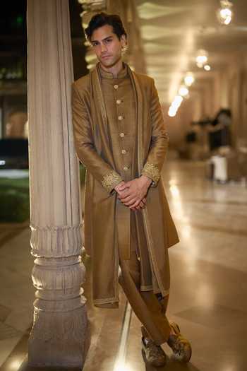 Shop_Seema Gujral_Gold Silk Antique Sherwani Set _at_Aza_Fashions