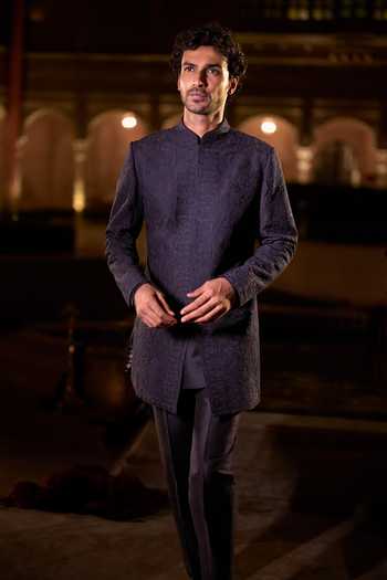 Seema Gujral_Blue Silk Abstract Embroidered Sherwani Set _Online_at_Aza_Fashions