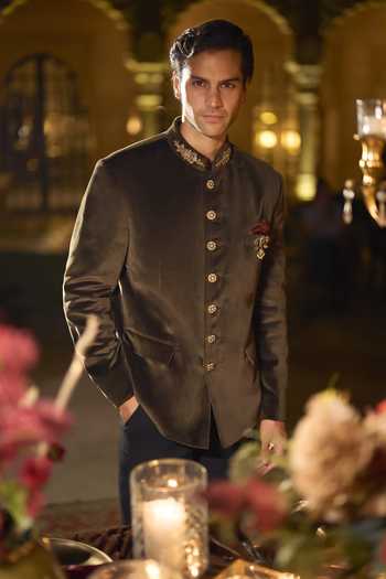 Seema Gujral_Olive Green Velvet, Cotton, Suiting Studs Bandhgala Set _Online_at_Aza_Fashions