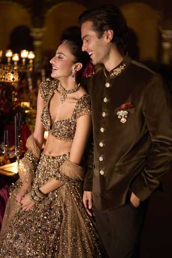 Buy_Seema Gujral_Olive Green Velvet, Cotton, Suiting Studs Bandhgala Set _Online_at_Aza_Fashions