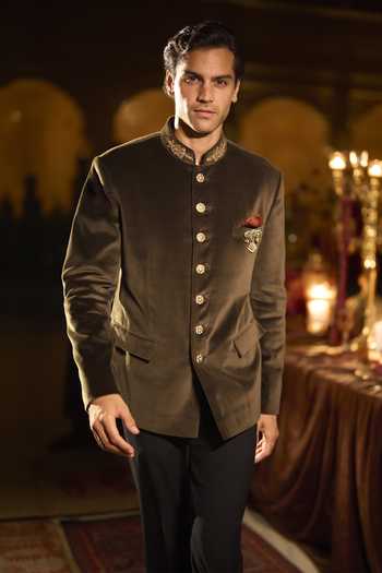 Shop_Seema Gujral_Olive Green Velvet, Cotton, Suiting Studs Bandhgala Set _at_Aza_Fashions