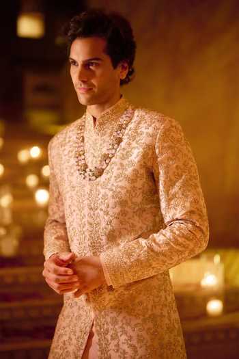 Shop_Seema Gujral_Pink Silk Zardozi Work Sherwani Set _Online_at_Aza_Fashions