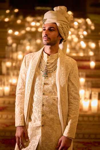 Shop_Seema Gujral_Ivory Silk Embroidered Sherwani And Kurta Set _Online_at_Aza_Fashions