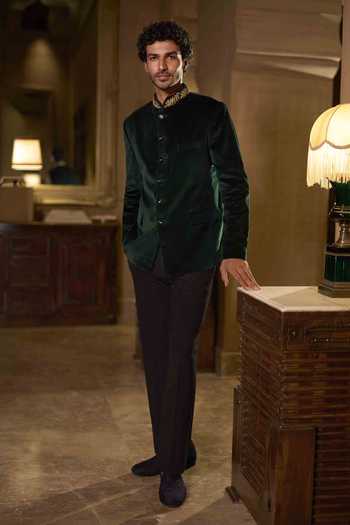 Shop_Seema Gujral_Emerald Green Velvet, Cotton, Suiting Studs Bandhgala Set _at_Aza_Fashions