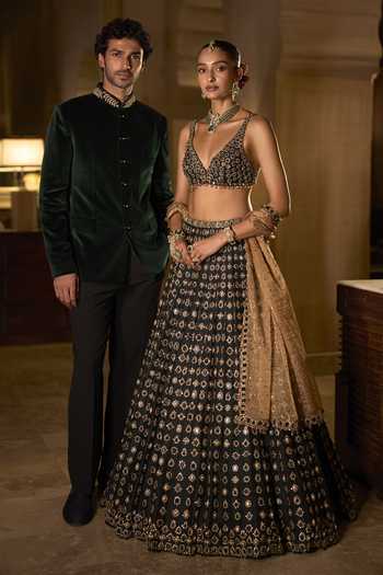 Seema Gujral_Emerald Green Velvet, Cotton, Suiting Studs Bandhgala Set _Online_at_Aza_Fashions