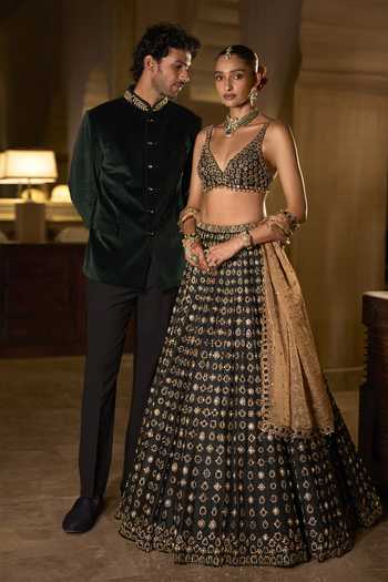 Buy_Seema Gujral_Emerald Green Velvet, Cotton, Suiting Studs Bandhgala Set _Online_at_Aza_Fashions