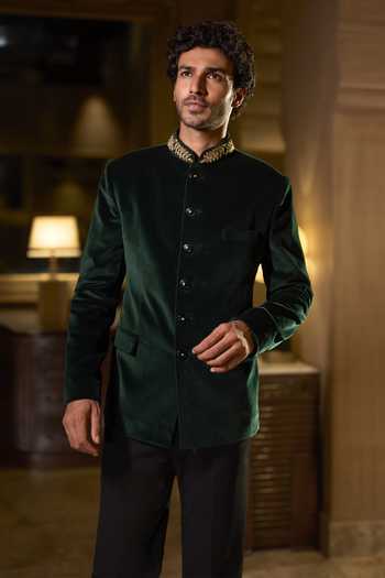 Shop_Seema Gujral_Emerald Green Velvet, Cotton, Suiting Studs Bandhgala Set _Online_at_Aza_Fashions