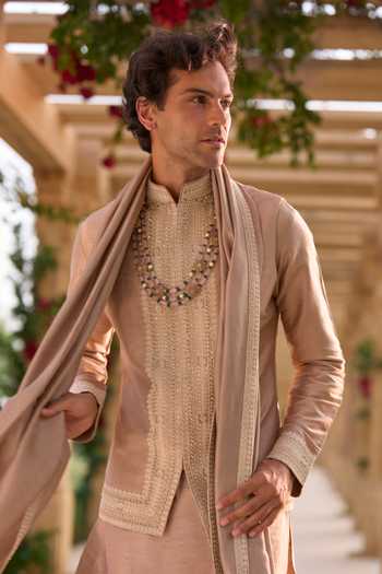Buy_Seema Gujral_Pink Silk Embroidery, Sequins, Beads Bundi And Kurta Set _Online_at_Aza_Fashions