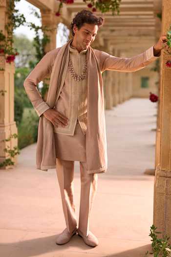 Shop_Seema Gujral_Pink Silk Embroidery, Sequins, Beads Bundi And Kurta Set _at_Aza_Fashions