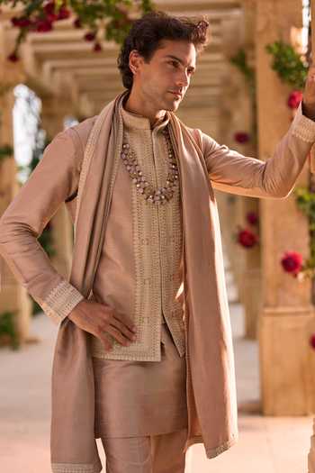 Shop_Seema Gujral_Pink Silk Embroidery, Sequins, Beads Bundi And Kurta Set _Online_at_Aza_Fashions