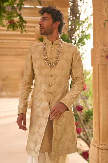 Buy_Seema Gujral_Gold Silk, Cotton Embroidered Sherwani Set 