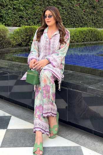 Shop_Rainas_Multi Color Silk, Cotton Collared Neck Paisley Print Shirt And Pant Set _at_Aza_Fashions